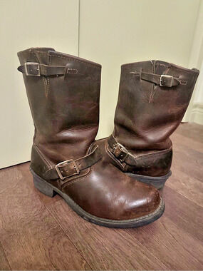 Frye Brown Leather Engineer Moto Boots | Size 9 | Vintage Distressed